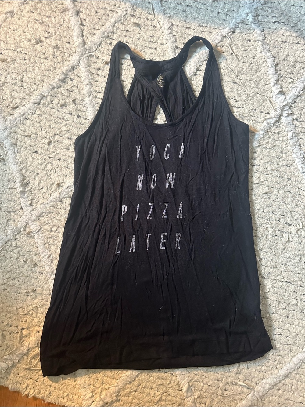 GAIAM Black Racerback Tank with 'Yoga Now Pizza Later' Text